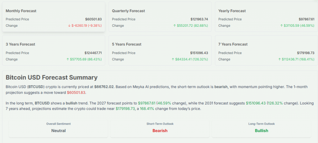 Meyka AI: Bitcoin USD (BTCUSD) Crypto Forecast 2027, 2031 & 7-Year Price Prediction, June 3, 2026