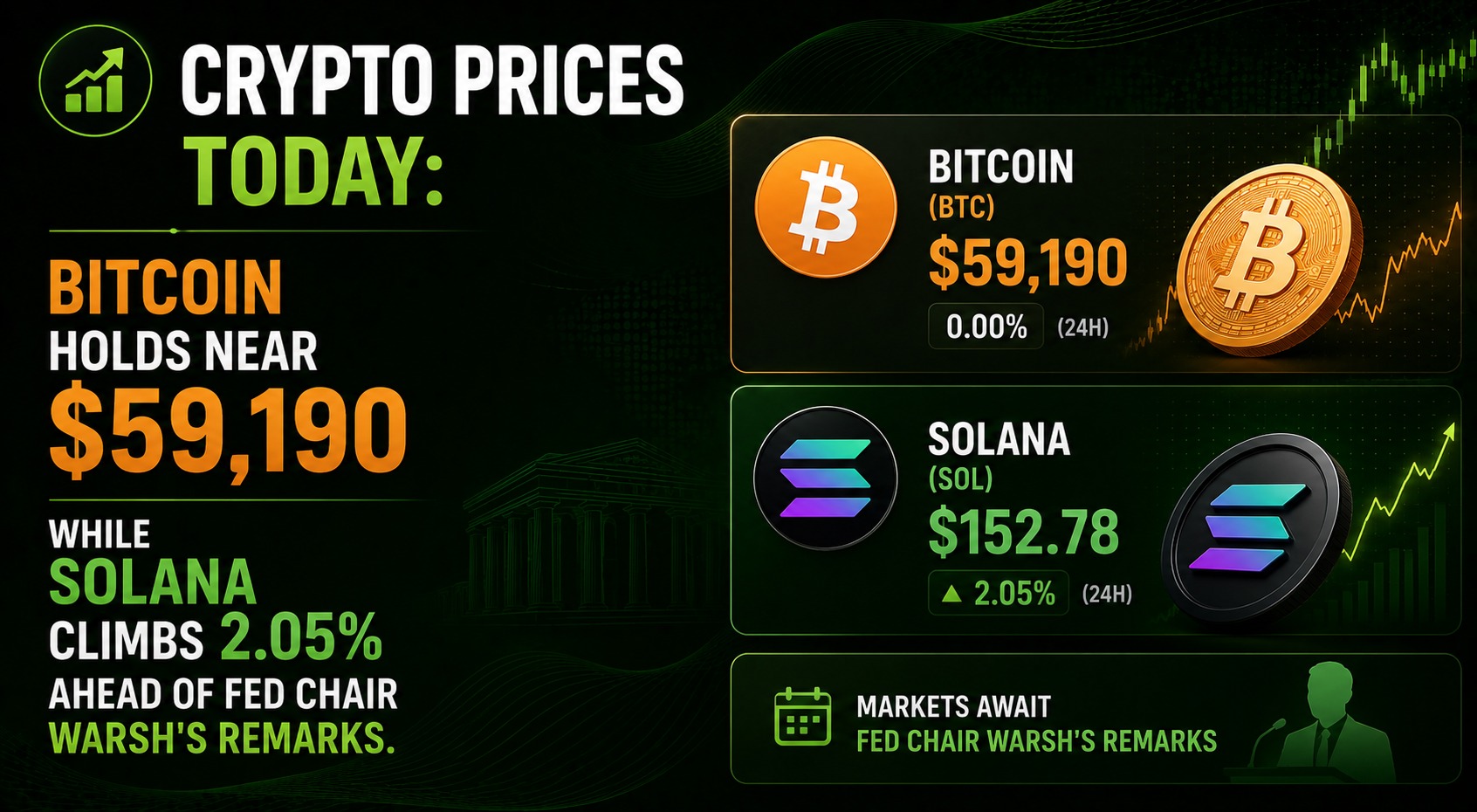 Crypto Prices Today: Bitcoin Holds Near $59,190 While Solana Climbs 2.05% Ahead of Fed Chair Warsh’s Remarks